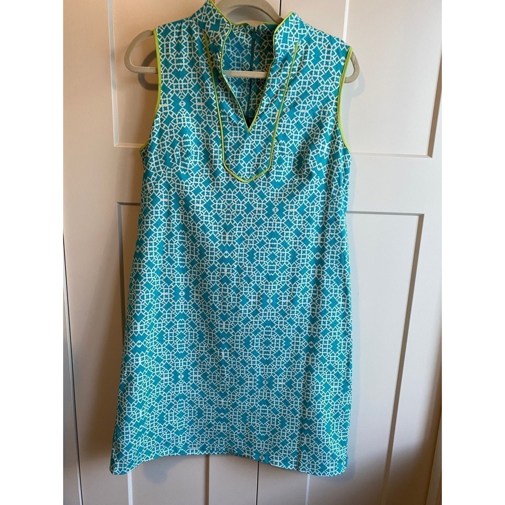 Eliza J Sleeveless Shift Dress 12 Coastal Cowgirl Turquoise Lime Green Prep s1